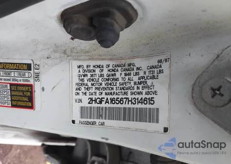 2007 Honda Civic Lx from USA, damaged, VIN 2HGFA16567H314615